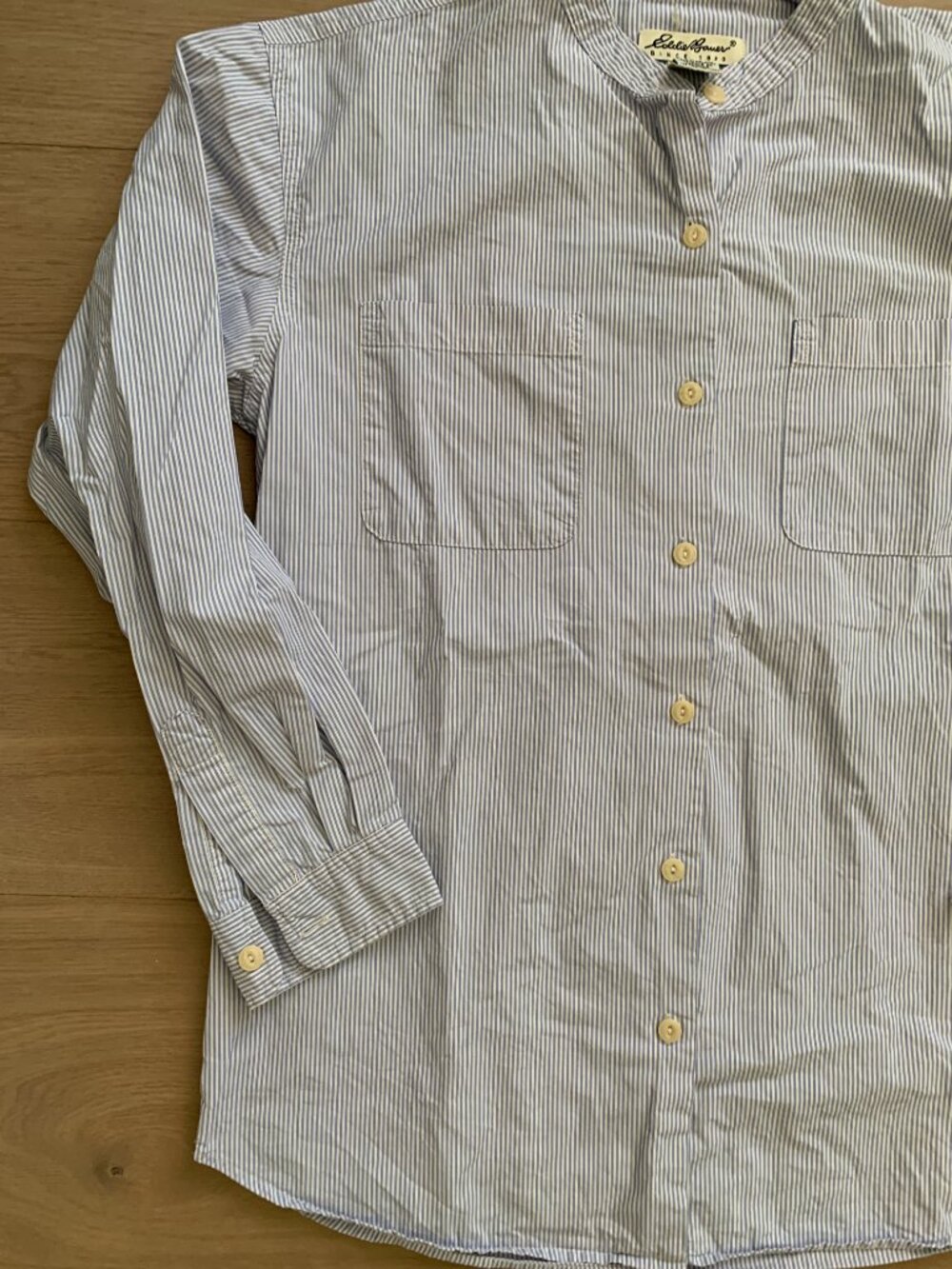 Vintage Collarless Button Up Shirt Women’s Small Blue White Stripe Coastal Style - Picture 6 of 8